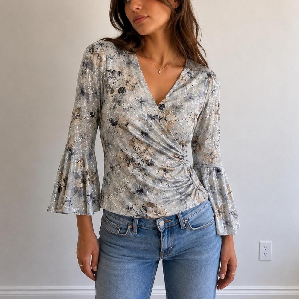 Roz & Ali Floral Bell Sleeve Wrap Top Size Women M Sequin Fairycore Boho Glam